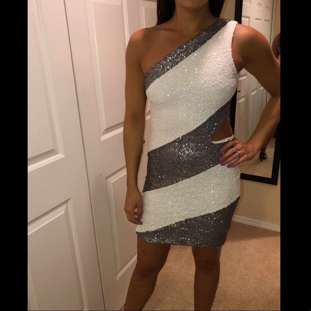 Bebe sequin white and grey dress